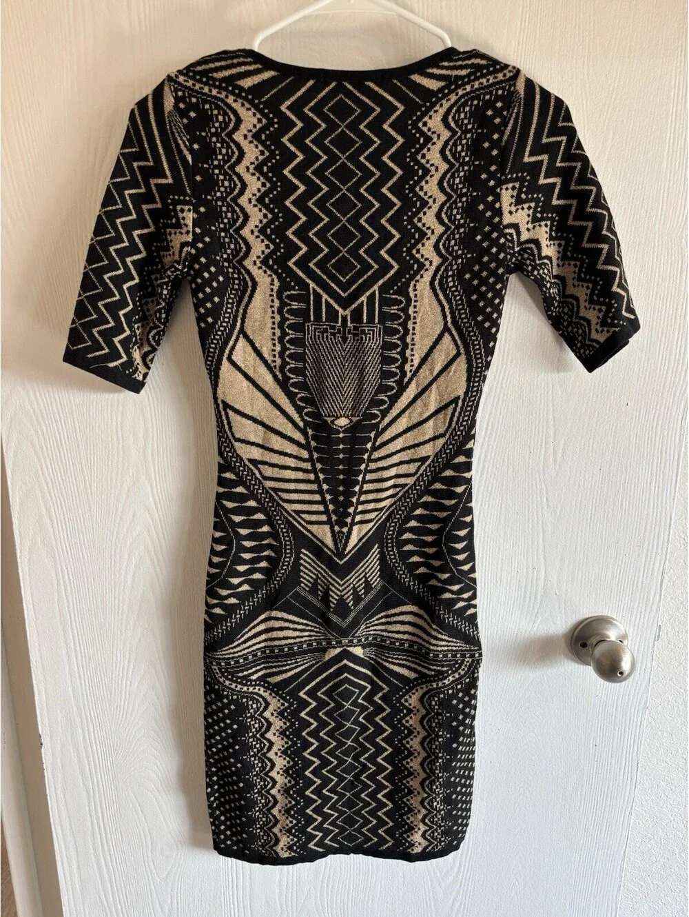 Hera Collection Geometric Knit Bodycon Dress Black Gold Aztec Art Deco Size S